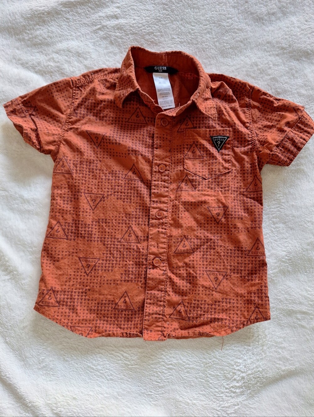 Guess Kids Boys Triangle Logo Button Up Shirt Orange Size Small S 4 4T Cotton